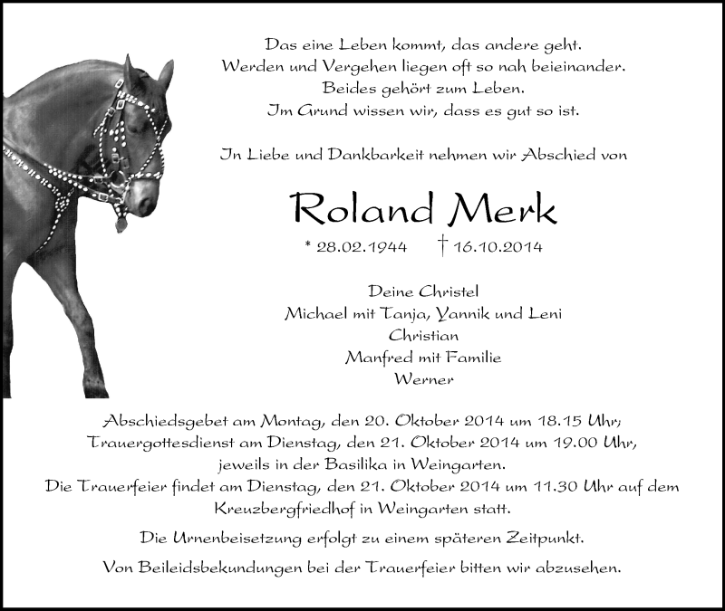  Traueranzeige für Roland Merk vom 18.10.2014 aus Schwäbische Zeitung