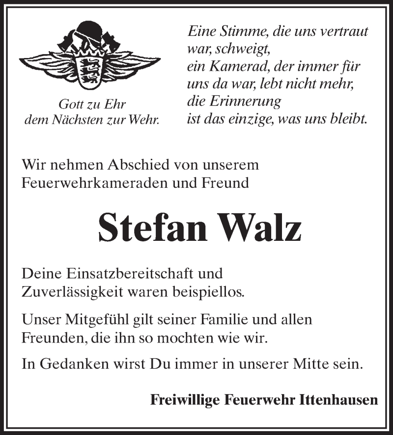 Traueranzeige für Stefan Walz vom 20.10.2014 aus Schwäbische Zeitung