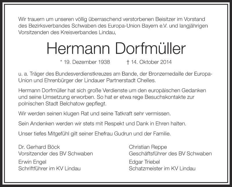  Traueranzeige für Hermann Dorfmüller vom 21.10.2014 aus Schwäbische Zeitung
