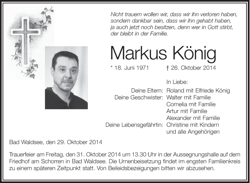  Traueranzeige für Markus König vom 29.10.2014 aus Schwäbische Zeitung