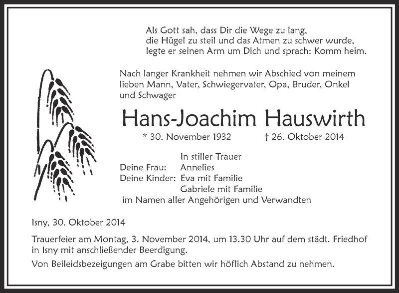  Traueranzeige für Hans-Joachim Hauswirth vom 30.10.2014 aus Schwäbische Zeitung