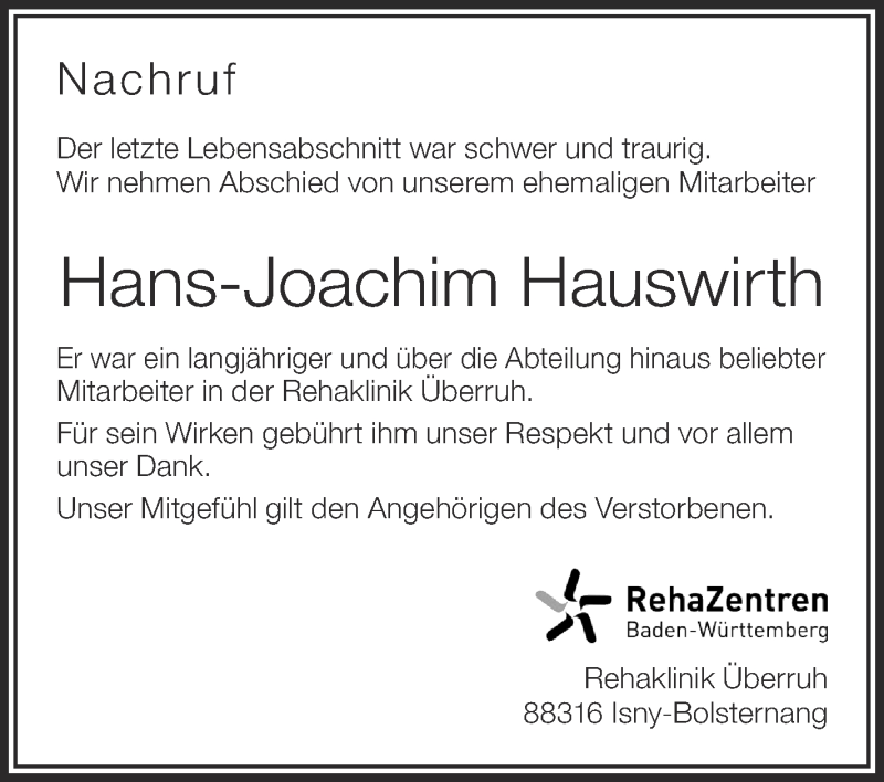  Traueranzeige für Hans-Joachim Hauswirth vom 31.10.2014 aus Schwäbische Zeitung