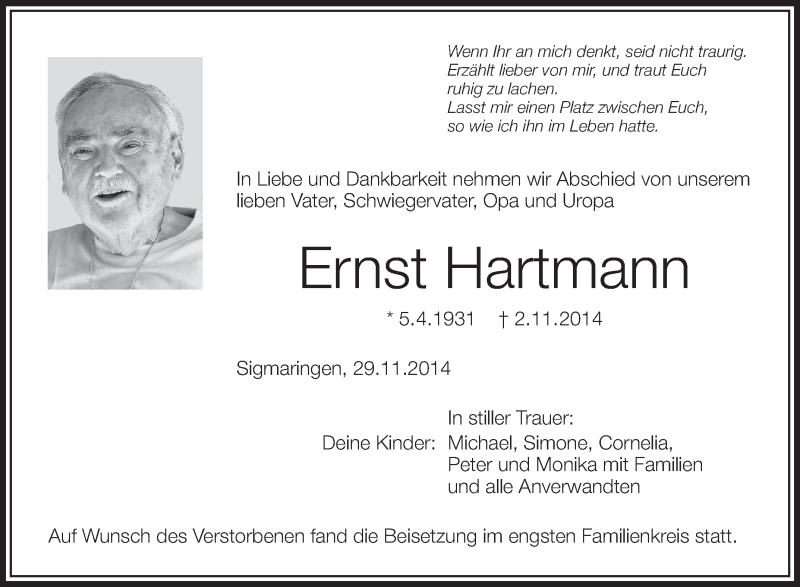  Traueranzeige für Ernst Hartmann vom 29.11.2014 aus Schwäbische Zeitung