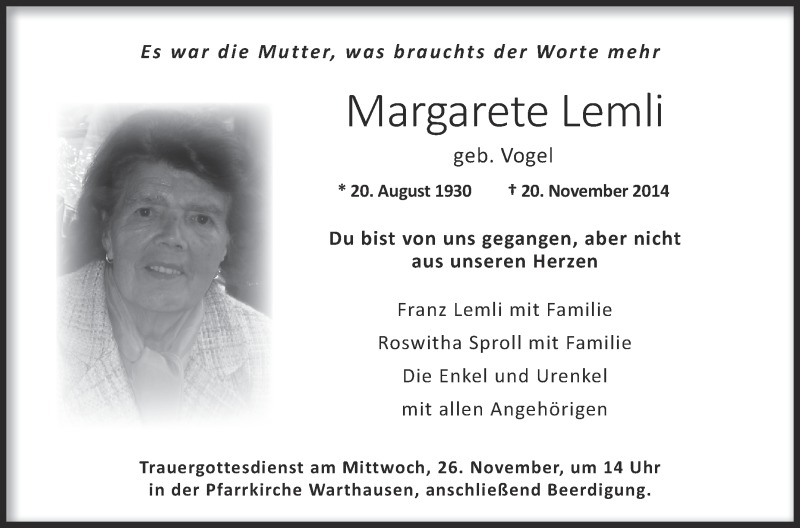  Traueranzeige für Margarete Lemli vom 22.11.2014 aus Schwäbische Zeitung