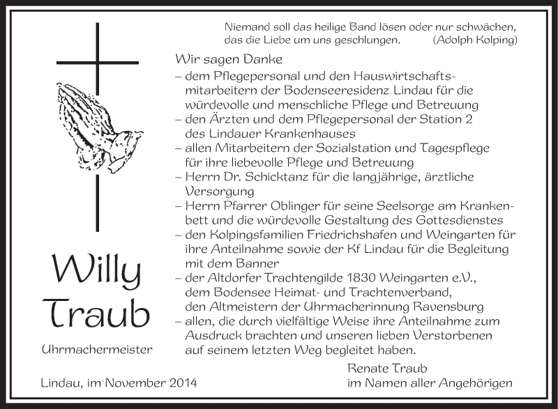  Traueranzeige für Willy Traub vom 29.11.2014 aus Schwäbische Zeitung