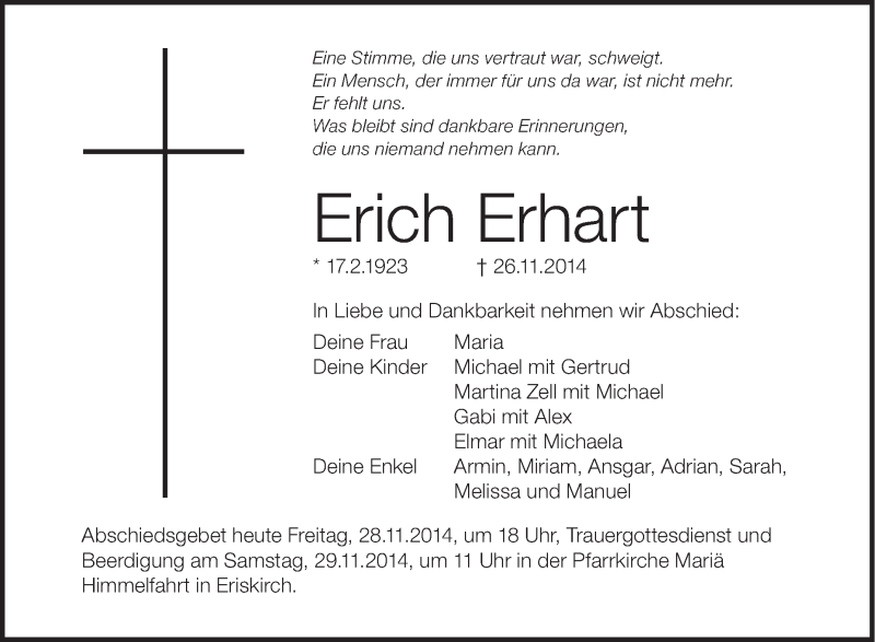  Traueranzeige für Erich Erhart vom 28.11.2014 aus Schwäbische Zeitung