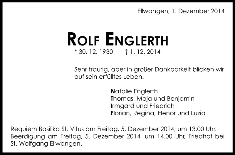  Traueranzeige für Rolf Englerth vom 03.12.2014 aus Schwäbische Zeitung