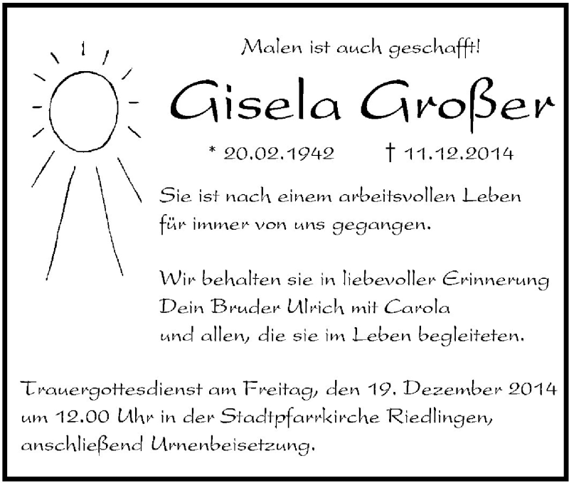  Traueranzeige für Gisela Großer vom 16.12.2014 aus Schwäbische Zeitung