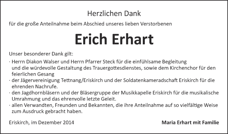  Traueranzeige für Erich Erhart vom 17.12.2014 aus Schwäbische Zeitung