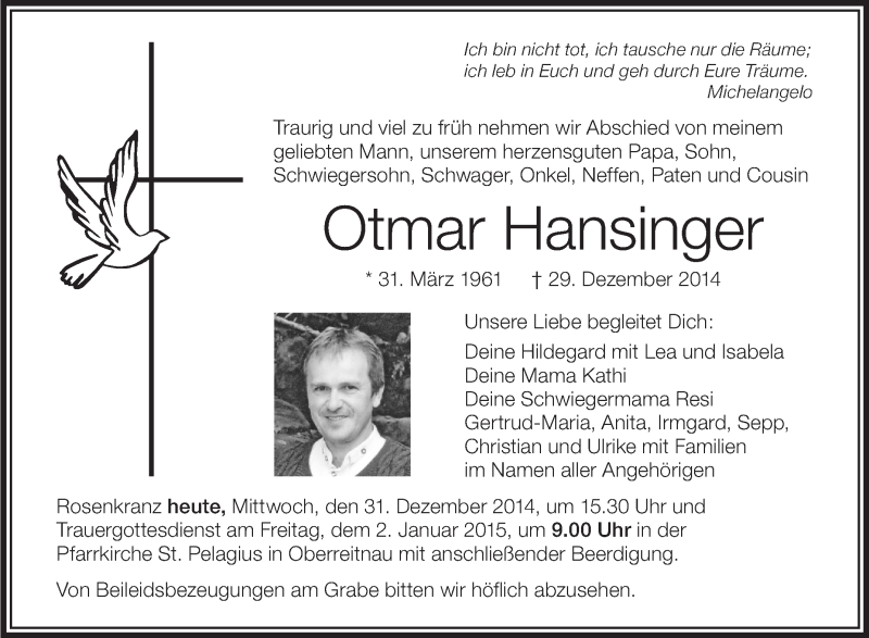 Traueranzeigen Von Otmar Hansinger Schwaebische De Trauerportal