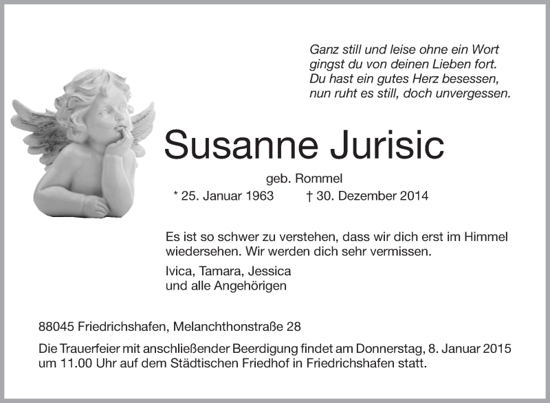  Traueranzeige für Susanne Jurisic vom 05.01.2015 aus Schwäbische Zeitung