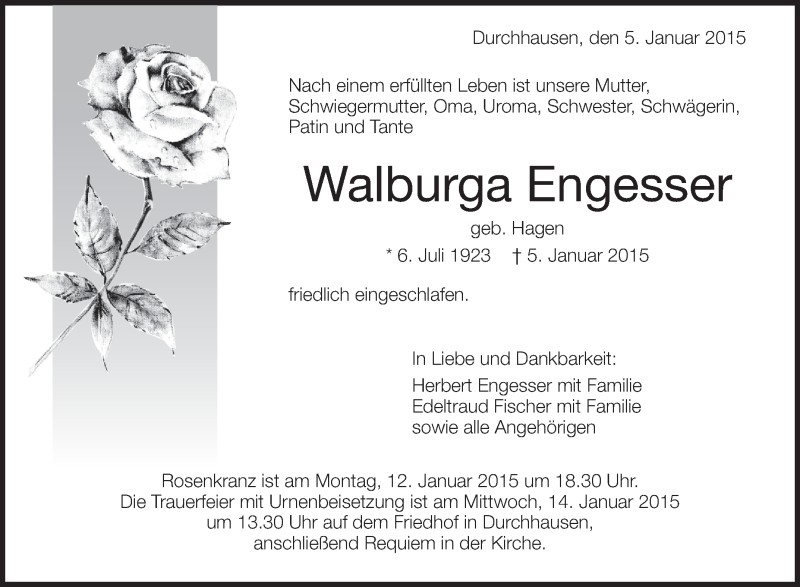  Traueranzeige für Walburga Engesser vom 10.01.2015 aus Schwäbische Zeitung