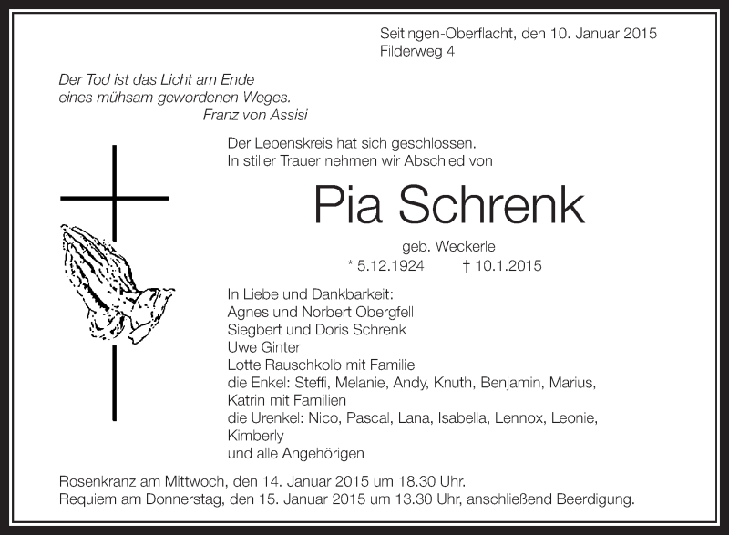  Traueranzeige für Pia Schrenk vom 12.01.2015 aus Schwäbische Zeitung