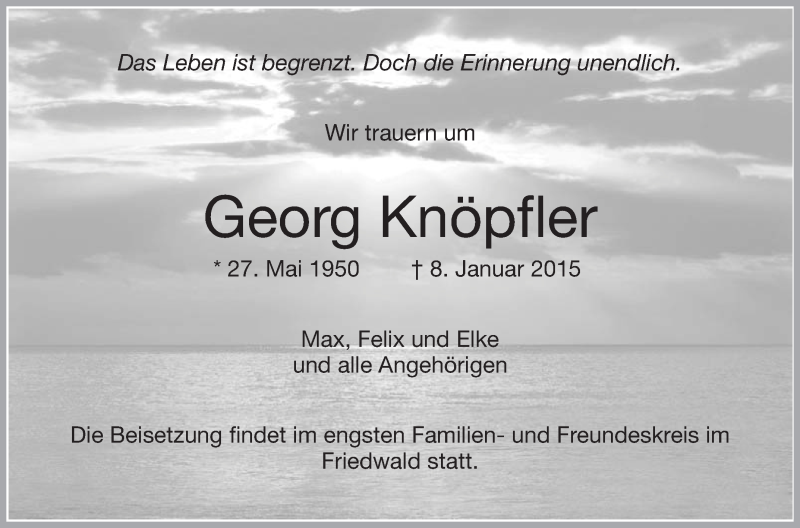  Traueranzeige für Georg Knöpfler vom 13.01.2015 aus Schwäbische Zeitung