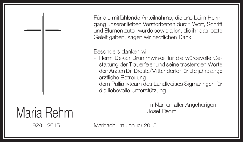 Traueranzeigen Von Maria Rehm Schwaebische De Trauerportal