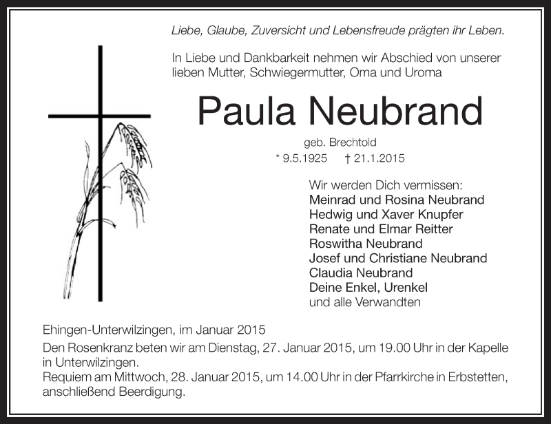  Traueranzeige für Paula Neubrand vom 26.01.2015 aus Schwäbische Zeitung