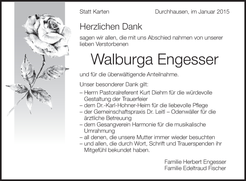  Traueranzeige für Walburga Engesser vom 26.01.2015 aus Schwäbische Zeitung