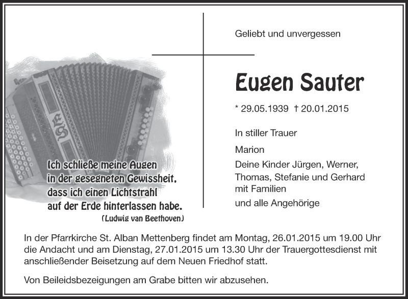  Traueranzeige für Eugen Sauter vom 24.01.2015 aus Schwäbische Zeitung