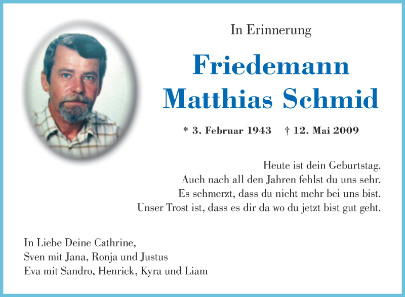  Traueranzeige für Friedemann Matthias Schmid vom 03.02.2015 aus Schwäbische Zeitung