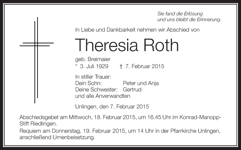  Traueranzeige für Theresia Roth vom 16.02.2015 aus Schwäbische Zeitung