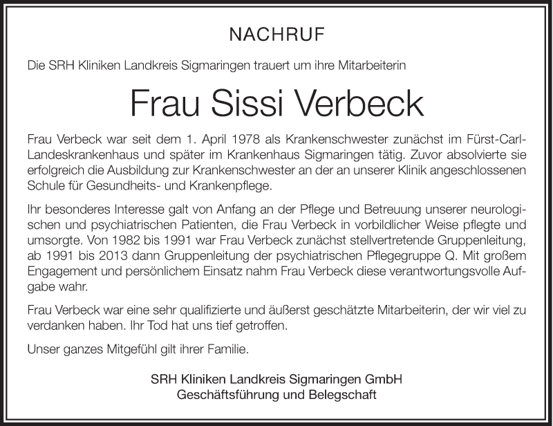  Traueranzeige für Sissi Verbeck vom 14.02.2015 aus Schwäbische Zeitung