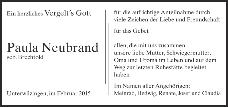  Traueranzeige für Paula Neubrand vom 23.02.2015 aus Schwäbische Zeitung