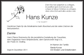 Anzeige von Hans Kunze von Schwäbische Zeitung