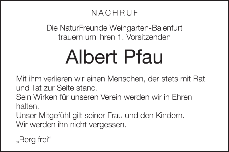  Traueranzeige für Albert Pfau vom 01.04.2015 aus Schwäbische Zeitung