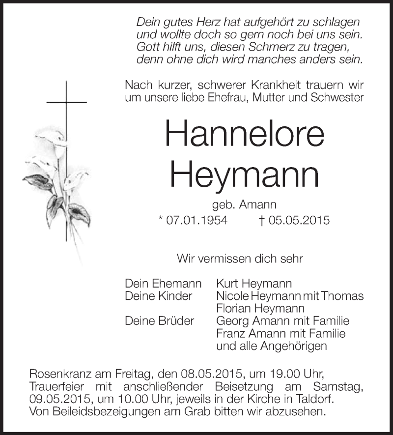  Traueranzeige für Hannelore Heymann vom 08.05.2015 aus Schwäbische Zeitung