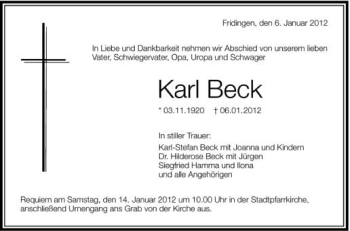 Anzeige von Karl Beck von Schwäbische Zeitung