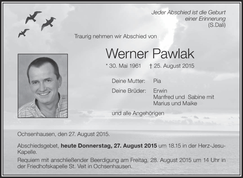  Traueranzeige für Werner Pawlak vom 27.08.2015 aus Schwäbische Zeitung