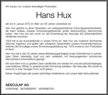 Anzeige von Hans Hux von Schwäbische Zeitung