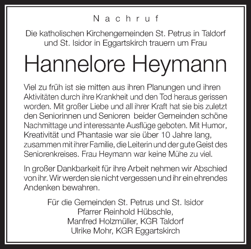  Traueranzeige für Hannelore Heymann vom 12.05.2015 aus Schwäbische Zeitung