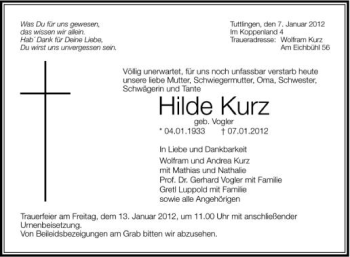 Anzeige von Hilde Kurz von Schwäbische Zeitung