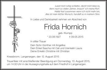 Anzeige von Frida Hornich von Schwäbische Zeitung