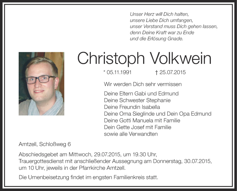  Traueranzeige für Christoph Volkwein vom 28.07.2015 aus Schwäbische Zeitung