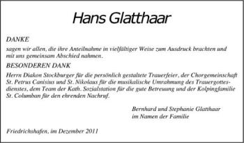 Anzeige von Hans Glatthaar  von Schwäbische Zeitung