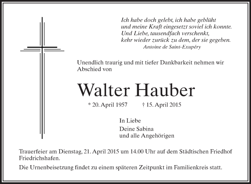  Traueranzeige für Walter Hauber vom 18.04.2015 aus Schwäbische Zeitung