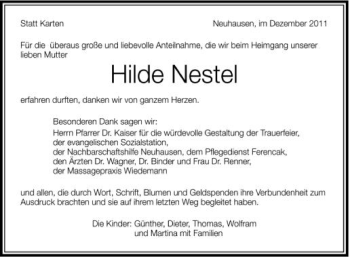 Anzeige von Hilde Nestel von Schwäbische Zeitung