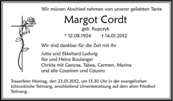 Anzeige von Margot Cordt von Schwäbische Zeitung