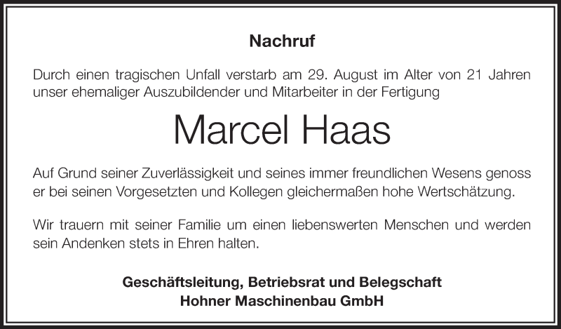 Traueranzeige für Marcel Haas vom 02.09.2015 aus Schwäbische Zeitung