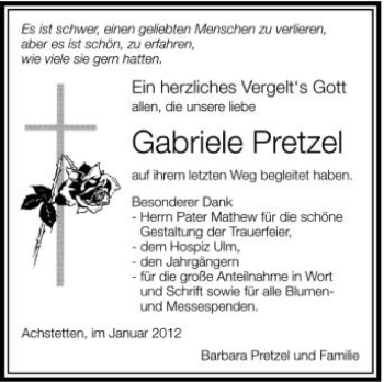 Anzeige von Gabriele Pretzel von Schwäbische Zeitung
