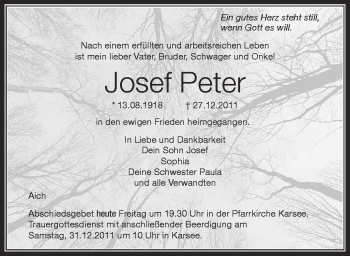 Anzeige von Josef Peter von Schwäbische Zeitung