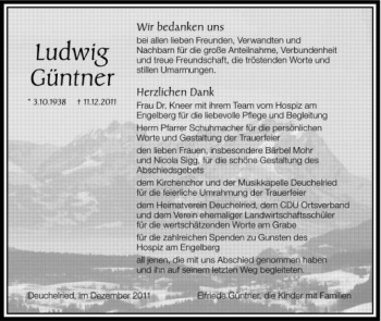 Anzeige von Ludwig Güntner von Schwäbische Zeitung