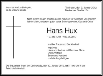 Anzeige von Hans Hux von Schwäbische Zeitung