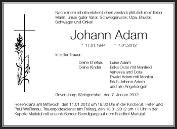 Anzeige von Johann Adam von Schwäbische Zeitung