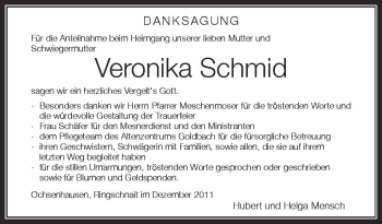 Anzeige von Veronika Schmid von Schwäbische Zeitung