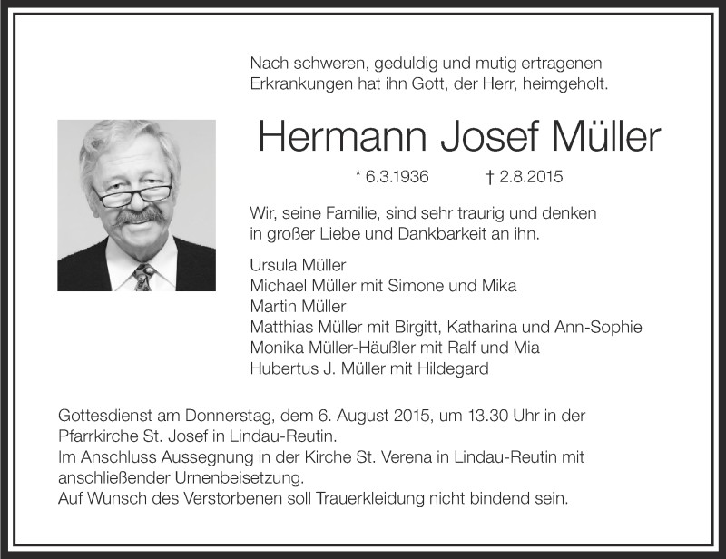  Traueranzeige für Hermann Josef Müller vom 04.08.2015 aus Schwäbische Zeitung