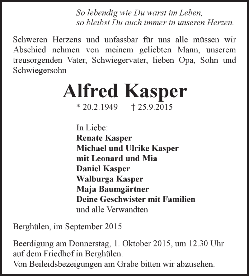 Traueranzeigen Von Alfred Kasper Schwaebische De Trauerportal