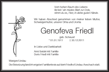 Anzeige von Genofeva Friedl von Schwäbische Zeitung